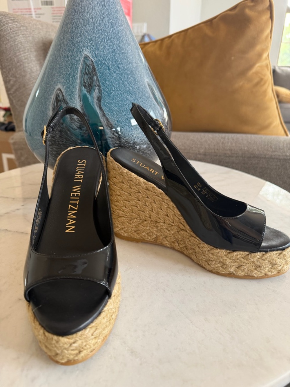 Stuart Weitzman Black Patent Espadrille Wedge Slingback Sandals 5.5